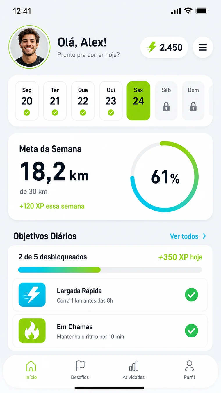 Tela inicial do app PapaRun com calendário de treinos, meta da semana e objetivos diários